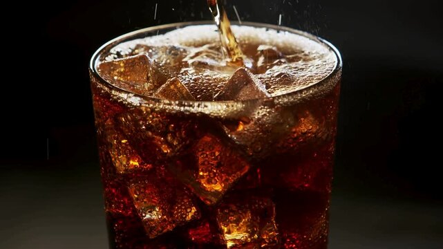 Refreshing glass of cola filled with ice cubes, isolated on a white background. Cold carbonated soft drink with splash and bubbles, perfect for beverage, refreshment, summer drink, and ad