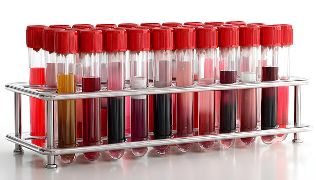 Many test tubes with blood samples in rack isolated on white