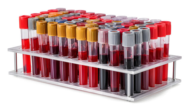 Many test tubes with blood samples in rack isolated on white