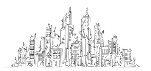 Fototapeta premium Ruined post-apocalyptic city skyline continuous line art, abandoned overgrown buildings with nature reclaiming city illustration, dystopia urban ruins vector sketch