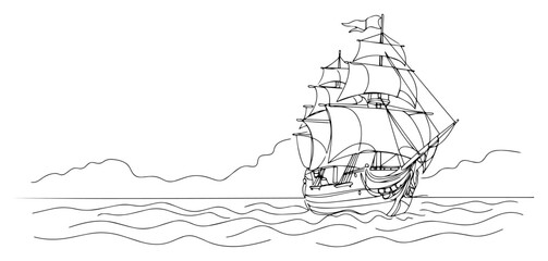 Vintage sailing ship on ocean waves continuous line art, old wooden vessel maritime travel illustration, minimalist nautical sea voyage vector sketch © ----WWWLINE----