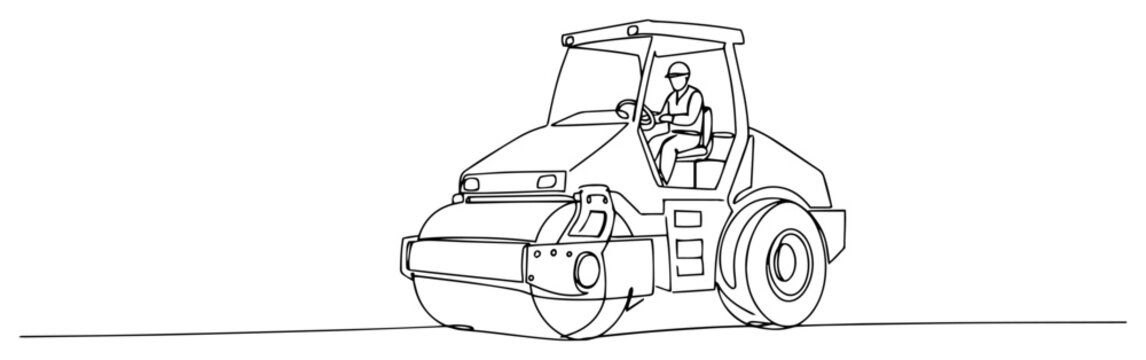 Road roller compactor with driver continuous line drawing, heavy construction machinery for asphalt paving illustration, industrial vehicle minimalist vector art