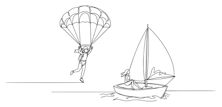Paragliding and sailing boat continuous line art, extreme sports and summer adventure illustration, minimalist travel and freedom concept vector sketch