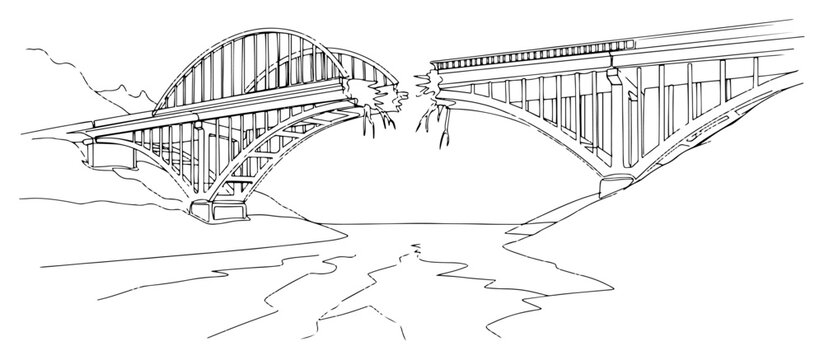 Broken bridge over river line art illustration, collapsed infrastructure and disaster concept, damaged road connection architectural sketch vector