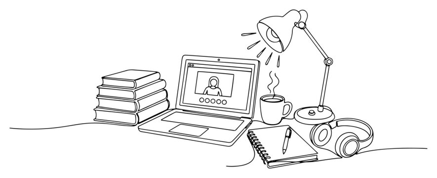 Remote work and online education desk setup continuous line art, home office with laptop books and coffee illustration, minimalist workspace for webinar or distance learning vector