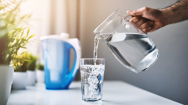 Hand pouring refreshing clear filtered water from a transparent glass jug into a drinking glass, hydrating for wellness and a healthy lifestyle