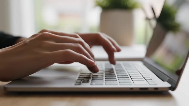 A person's hands actively typing on a laptop keyboard, showcasing the process of digital creation and communication in a comfortable, sunlit environment with a plant visible, representing remote