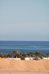 Fototapeta premium Tropische Küste mit Palmen und türkisblauem Meer vor sandiger Wüstenlandschaft
