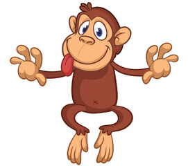 Fototapeta premium monkey, cartoon, chimpanzee, illustration, standing, vector, happy, character, funny, isolated, design, gorilla, chimp, cute, ape, brown, smiling, drawing, expression, excited, tree, emotion, gift, fa