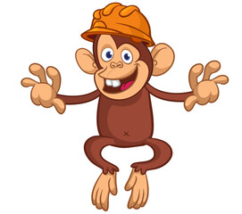 Fototapeta premium Cartoon funny brown monkey chimpanzee wearing safety helmet. Vector illustration isolated on white