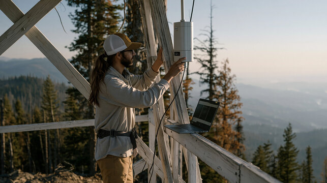 Wildfire AI detection field technician mounts a thermal imaging sensor to a fire-lookout tower crossbeam in a forested mountain setting, algorithm calibration laptop balanced on the railing, smoke-h
