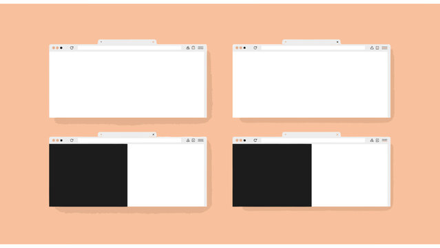 Minimalist Web Browser Mockups featuring four generic windows with blank and split screens on a peach background ideal for UI/UX design presentations and website portfolio showcases.