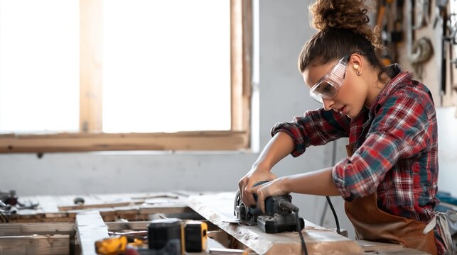 Woman craftsman sanding a piece of wood with an electric sander, wearing eye protection and a leather apron, skillfully performing woodworking in a home studio