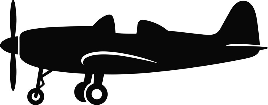 Silhouette of vintage propeller plane, classic single engine aircraft icon, side view isolated on transparent background.
