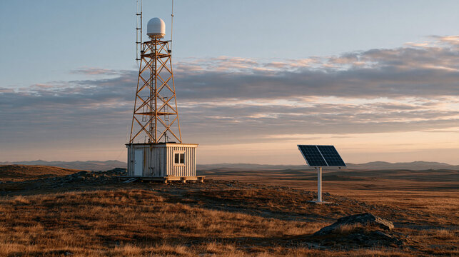 Remote permafrost monitoring station in an empty desolate Arctic landscape, unattended data-transmission tower equipped with soil temperature probes and tilt sensors, solar charge panel angled towar