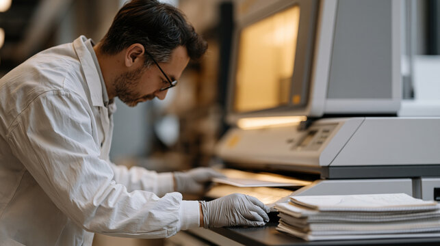 Postdoctoral researcher in nitrile gloves positions a perovskite solar cell substrate beneath a spectral analyzer inside a university photovoltaics laboratory, fume hood glowing softly, lab notebook