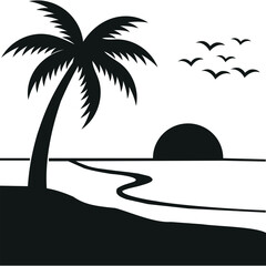 A minimalist black and white vector silhouette featuring a palm tree, ocean coastline, sunset, and flying birds. This simple graphic is ideal for summer travel themes, tropical branding, © SHAHRIZ