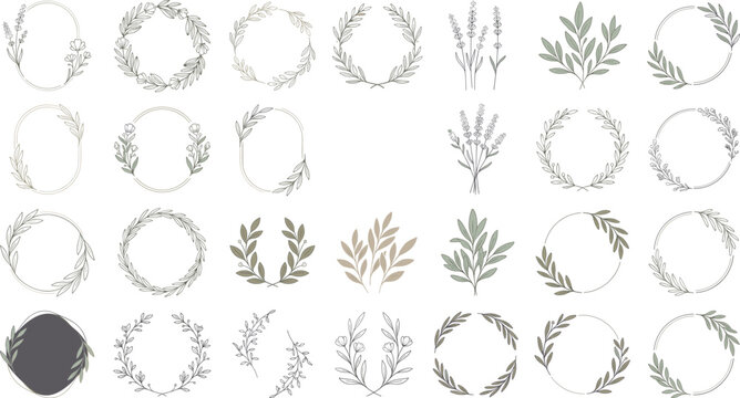 Minimal Botanical Wreath Vector Collection Featuring Elegant Floral Circles, Hand Drawn Greenery Frames And Natural Wedding Borders.