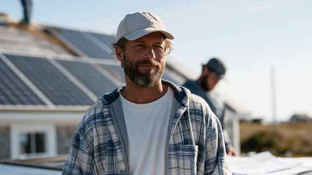 Construction crew completing a final solar panel installation while a homeowner stands below with a green building certification application in his hands, rooftop work visible against a clear Septem