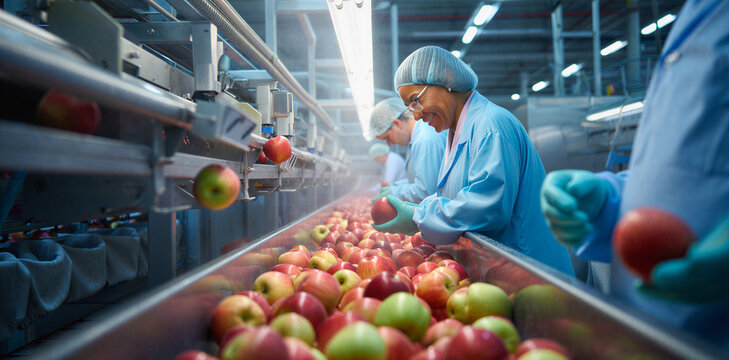 Industrial apple sorting and packaging process in a food manufacturing factory with production manufacturing packaging industrial conveyor agriculture automated technology processing