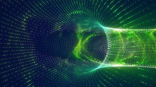Green glowing particle funnel with dotted digital waves, representing data flow