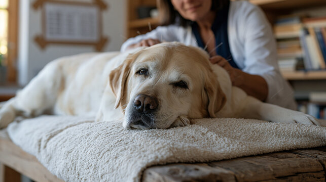 Animal acupuncturist inserting treatment needles along meridian points of arthritic senior Labrador lying calmly on padded clinic mat, practitioner checking placement chart taped to wall, holistic v