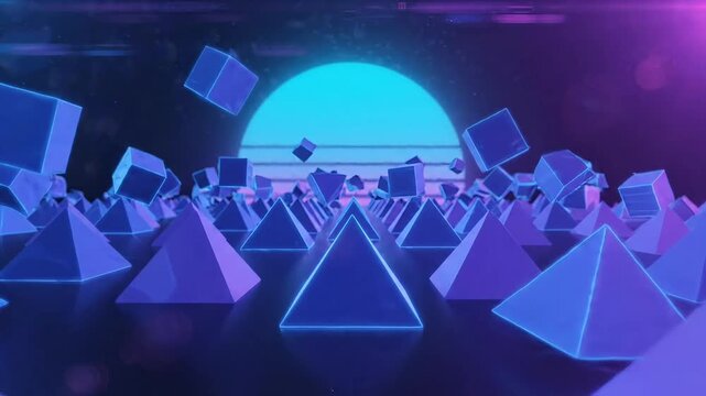 Neon pyramid landscape, futuristic 3D scene, purple blue geometric shapes, cyberpunk background