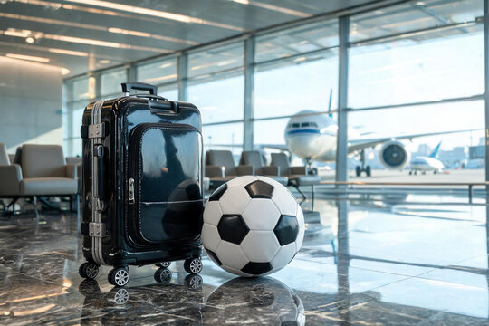 Una maleta de equipaje negra de mano y un bal&oacute;n de f&uacute;tbol cl&aacute;sico en la terminal de un aeropuerto, con un avi&oacute;n comercial visible tras el ventanal.