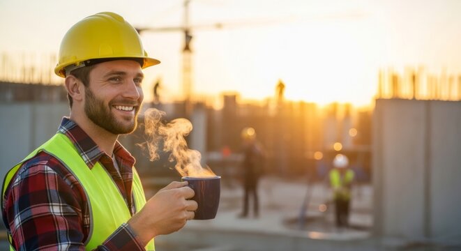 Construction worker in hard hat enjoys coffee break at sunset, warm golden hour backlight with copy space
