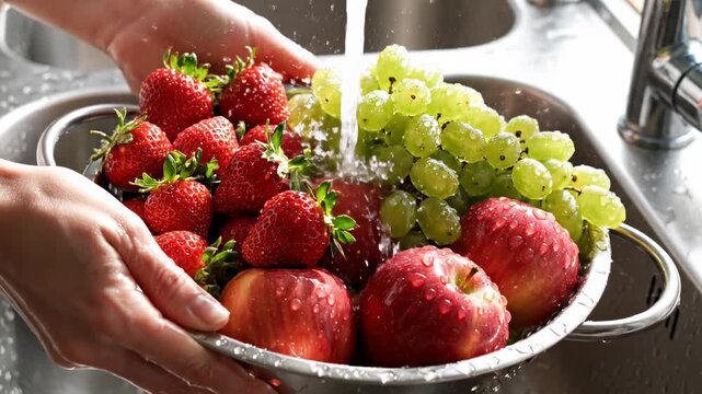 Hands carefully rinsing a colorful assortment of fresh strawberries, crisp green grapes, and ripe red apples in a colander under a gushing stream of cool running water within a gleaming kitchen