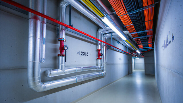 Industrial corridor with exposed plumbing and electrical conduits industrial corridor plumbing electrical infrastructure building conduits maintenance facility construction technical