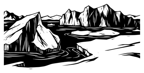 Icebergs in arctic ocean landscape linocut illustration, polar icy mountains and frozen sea silhouette woodcut art, climate and environment concept vector © Luka