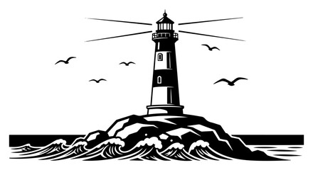 Lighthouse on rocky island with sea waves and seagulls linocut illustration, coastal maritime safety navigation silhouette woodcut art vector © Luka