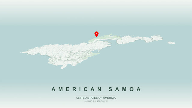 Modern minimalist vector map of American Samoa, Tutuila Island. High-quality scalable illustration of Pago Pago harbor grid, Tafuna plain layout, National Park contours for posters design.