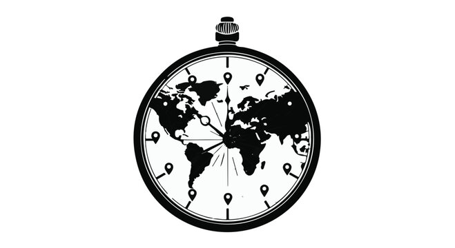 World map on pocket watch face illustration