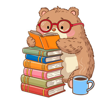 Cute brown bear with glasses reading book next to a colorful stack of books and hot coffee mug, isolated transparent background PNG clipart