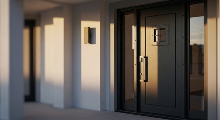Naklejka premium Modern armored front door with security window in golden hour light, offering elegant home entryway protection and ample copy space