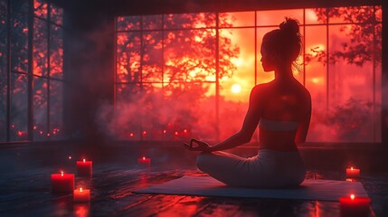 Woman meditating sunset yoga studio candles