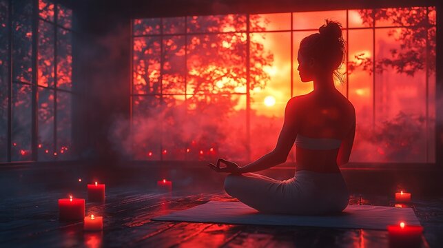 Woman meditating sunset yoga studio candles