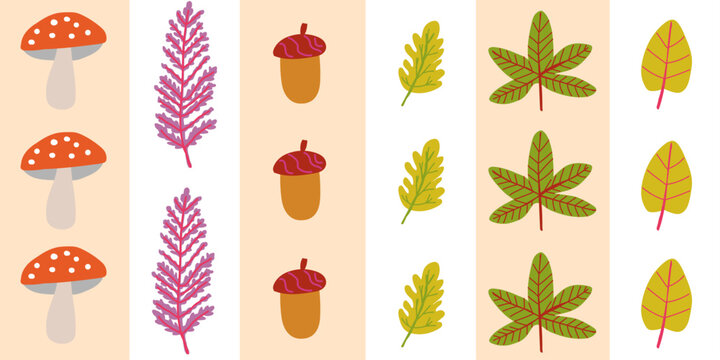Seamless striped autumn pattern with fall leaves, fern foliage, acorns, and mushrooms arranged in vertical beige and cream stripes, stylish Scandinavian rustic repeat design for fabric, wallpaper
