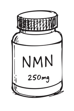 Bottle of NMN, anti-aging supplement to boost NAD Plus levels in cells, boost energy metabolism and DNA and cell repair, vector doodle icon on transparent background