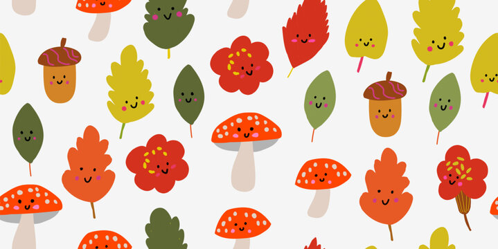 Seamless autumn kids pattern with smiling leaves, mushrooms, acorns, and flowers on a soft light gray background, playful Scandinavian cutout style repeat design for nursery wallpaper, kids fabric