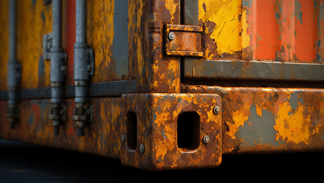 Close up corner detail of a heavily rusted orange shipping container showing metal corner casting and locking mechanism with heavy duty container industrial shipping weathered corrosion