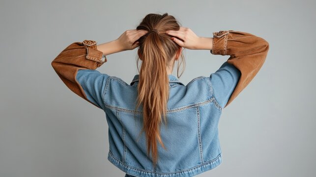 Woman tying ponytail, denim jacket, studio, grey background, haircare