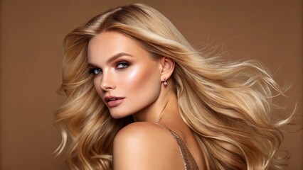 Fototapeta premium Elegant Beauty Portrait of a Blonde Woman with Luxurious Flowing Hair