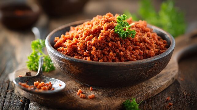 Raw vegetarian vegan protein mince arranged as a background, representing a healthy food concept with natural plant-based texture and composition.