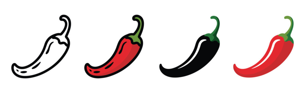 Chili Pepper Variety: A collection of chili peppers, depicted in various styles from outline to vibrant colors, showcasing their diverse forms and hues.