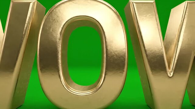 Golden 3D text, shiny metal letters, green background, VOV typography, luxury effect