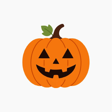 Happy Halloween Jackolantern Pumpkin with Carved Face and Green Leaf