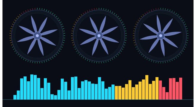 Digital audio visualizer with rotating fan hud animation